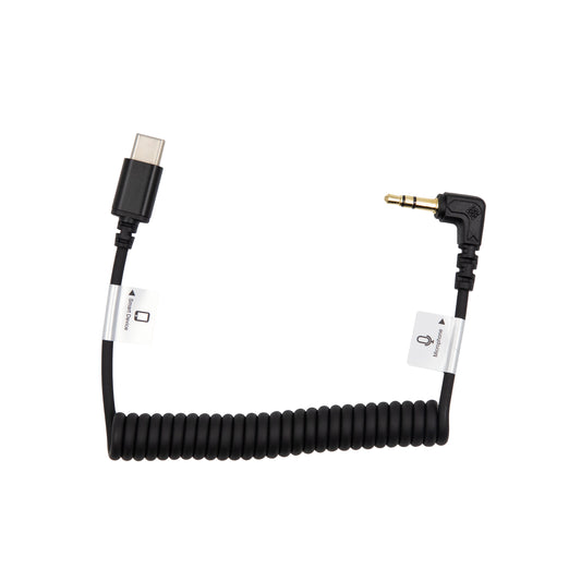 Audio Cable USB-C male straight - 3.5mm TRS male right angle - 8 1/2" coiled